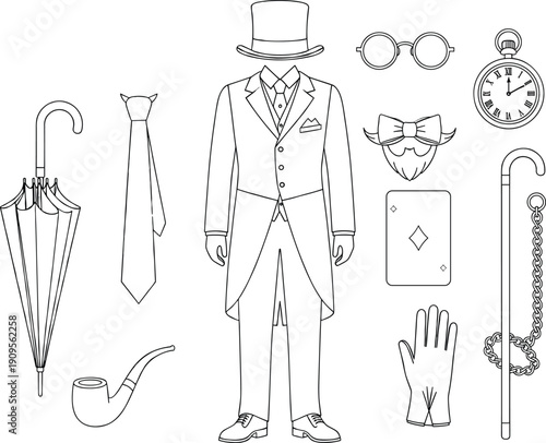 Line Art Vector of Gentleman Accessories Set with Classic Hats and Bow Ties