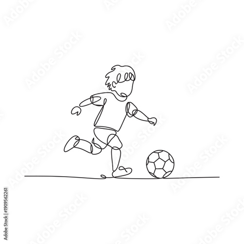 Line drawing depicts a young soccer player dribbling a ball with dynamic motion