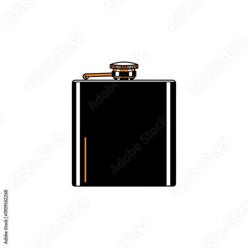 Flat black metal flask for compact storage and carrying of liquids, such as water or alcohol. Vector illustration.