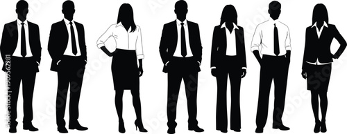 Set of professional business men and women silhouettes wearing formal suits and office attire standing together isolated on white background for design.