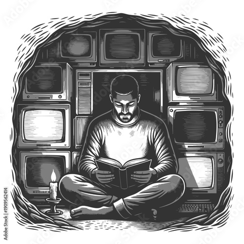 man reading by candlelight in a cave, surrounded by stacks of vintage televisions and computer monitors sketch engraving generative ai vector illustration. Scratch board imitation. Black and white.