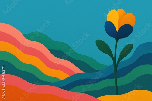 Colorful and vibrant illustration featuring a stylized flower against a backdrop of rolling hills under a clear blue sky. Suitable for backgrounds, greeting cards, or website graphics.