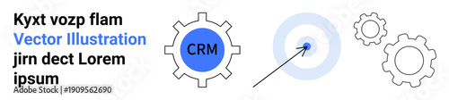 Business strategy, process optimization, customer relationship management, marketing, teamwork, technology solutions. Gears and a target with an arrow. Business strategy and process optimization