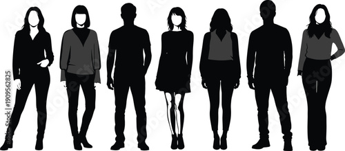 Set of professional business people silhouettes in formal suits and blazers standing together isolated on white background for corporate design.