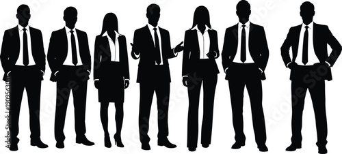 Set of professional business people silhouettes with expressive gestures wearing formal suits and standing together isolated on white background for design.