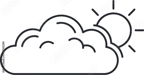 Simple black and white line art icon depicting a partly cloudy sky condition with the sun partially obscured by a large fluffy weather formation