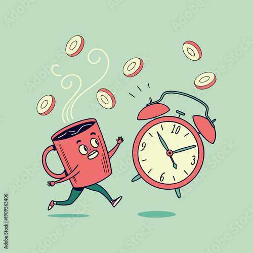 Running Coffee Mug Chased by Alarm Clock Vector
