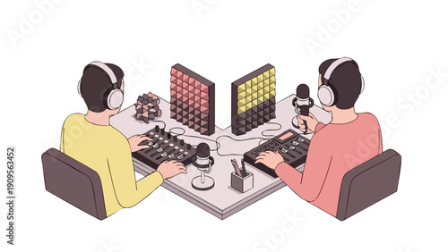 Podcast Studio Setup. Two people recording audio. Isometric illustration.