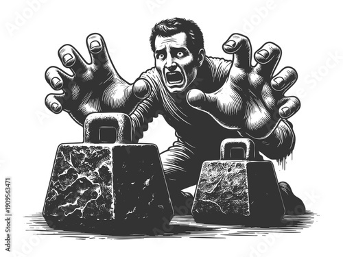 distressed man with exaggerated hands reaching toward large weights, symbolizing struggle, burden, or desperation sketch engraving generative ai vector illustration. Scratch board. Black and white.