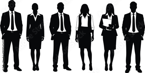 Set of professional business silhouettes in formal suits with one person holding a document folder isolated on white background for design.