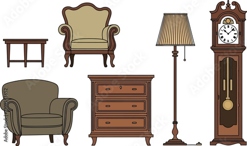 Collection of classic wooden furniture icons including two upholstered armchairs a small table a dresser and a tall grandfather clock