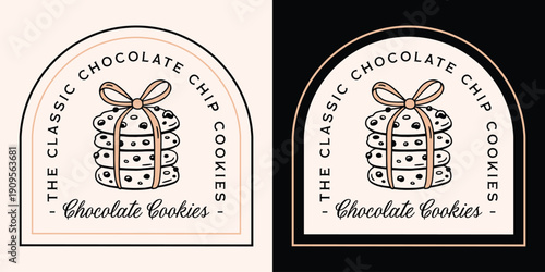 Chocolate chip cookies classic flavor label logo sticker badge tag packaging design retro vintage fancy aesthetic. Homemade cookie stack with bow outline drawing bakery style illustration text print.