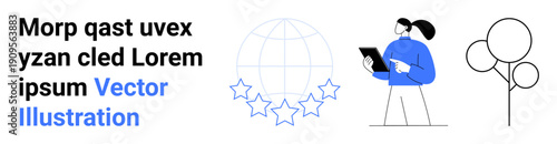 Rating systems, quality assurance, business solutions, global evaluation, environmental , professional services. World globe with stars, person holding a tablet tree outline. Rating systems