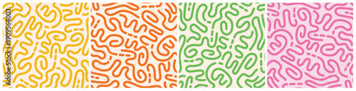 Abstract doodle pattern collection. Seamless vector background in groovy colors. Fun playful design.