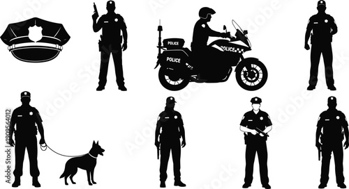 Police officer silhouettes set with patrol motorcycle and dog, law enforcement collection, security service vector illustration isolated black
