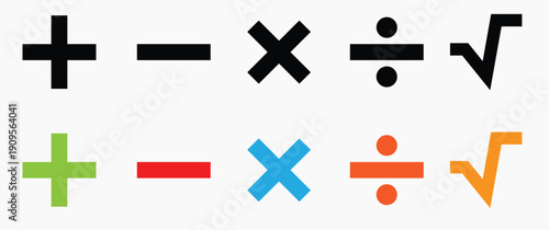 Colorful mathematical symbols including plus, minus, multiplication, division, and square root for education, science, and digital design concepts.