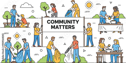 Diverse group of volunteers actively participating in various outdoor community service activities promoting neighborhood improvement and togetherness