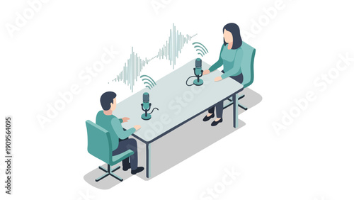 Podcast Recording Illustration. Isometric Interview Setup. Digital Audio Communication. Modern Flat Design.
