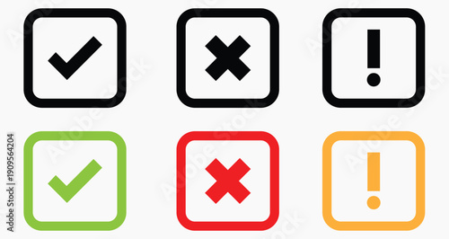 Set of graphical icons: check mark, cross mark, and exclamation mark in black and colored squares, representing options, status, and alerts. Versatile symbols for design.