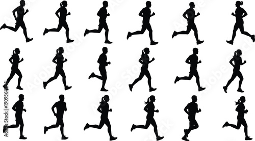 Running people silhouettes set, men and women jogging, fitness runners collection isolated, active lifestyle, marathon training, black silhouette bundle illustration