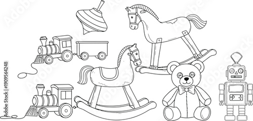 Collection of various vintage and classic outline toys including rocking horses teddy bear spinning top robot and toy train engines perfect for coloring