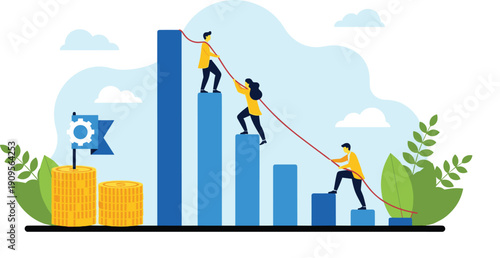 Teamwork business growth illustration, collaborative success strategy, employees helping each other climb financial progress chart, leadership motivation, flat vector design