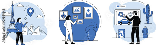 Travel lifestyle illustration, art gallery experience, smart car technology, location navigation, tourism culture, innovation concept, modern flat vector design, scene