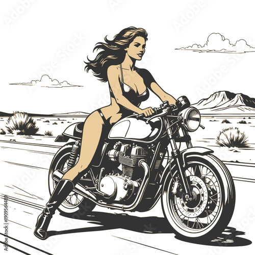minimal color of a confident woman in a bikini and boots riding a classic motorcycle in a desert landscape sketch engraving generative ai vector illustration. Scratch board imitation. Black and white.