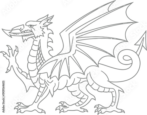 Black and white line art illustration depicting the traditional heraldic Welsh dragon known as Y Ddraig Goch standing powerfully against a plain white background