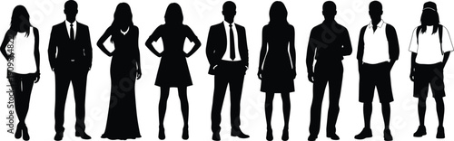 Set of standing people silhouettes in diverse professional and casual outfits, group of men and women in formal office suits and everyday wear isolated vector.