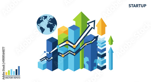 Isometric illustration of a startup concept with a globe, bar graphs, and up arrows symbolizing growth, innovation, and scalable business strategy.