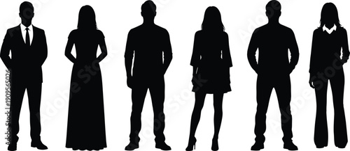 Set of standing people silhouettes in diverse professional and casual outfits, group of men and women in formal office and everyday wear isolated vector.