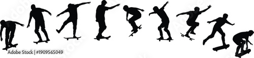 Skateboarder silhouettes performing tricks set, skateboarding action poses collection, extreme sport athlete isolated on white background vector illustration pack