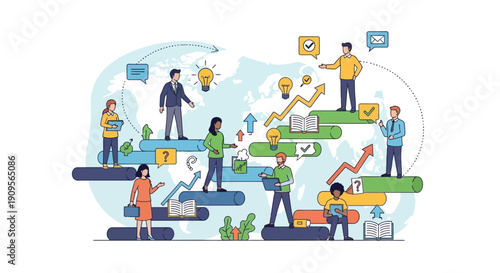 Isometric illustration of people working together on a startup concept with icons representing innovation, growth, and teamwork.
