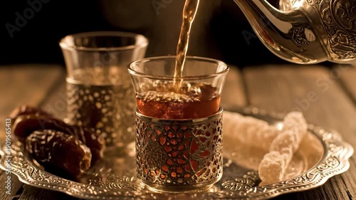 A traditional tea pouring ceremony with dates on a decorative tray in a warm, cozy setting during Ramadan Kareem.