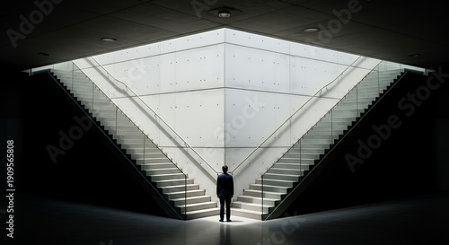 A lone figure stands between two staircases framed by strong shadows The architecture is minimalist and modern The subject pauses at the intersection Symbolic career decision concept