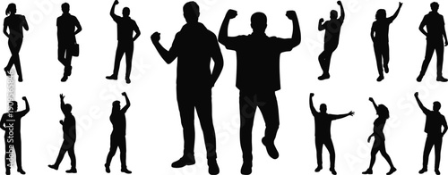Successful business people celebrating victory silhouettes, jumping and raising hands, motivation teamwork achievement concept isolated on white background collection