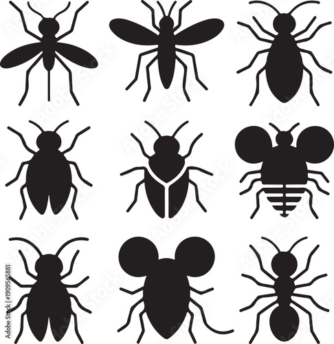 Insect icons, bug pest, mosquito fly, ant beetle, nature animal, biology parasite, small creature