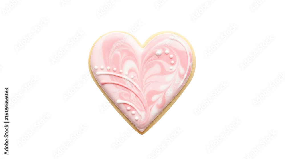 Obraz premium Delicious pink marbled heart cookie with elegant white icing isolated on transparent background