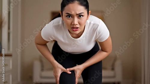 Woman experiencing knee pain indoors.