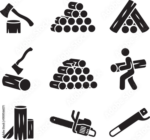 Wood icons, lumberjack axe, pile logs, chainsaw tool, firewood timber, forestry work, carpentry material
