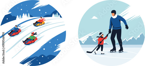 Winter family activities illustration, snow tubing fun, ice skating lesson, outdoor adventure, cold season recreation, flat design, holiday lifestyle, vector