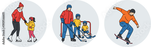 Winter sports activities illustration, family ice skating, kids playing hockey, skateboarder action, outdoor recreation, flat vector design, modern, colorful, minimal