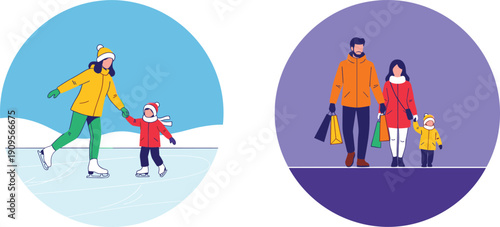 Winter,family,activity,illustration,parents,child,ice,skating,shopping,season,holiday,outdoor,people,lifestyle,leisure,vector,flat,design,modern,concept