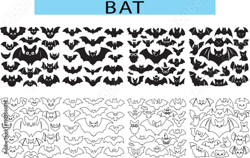 Cute Bat silhouette, Bat outline vector illustration in white background