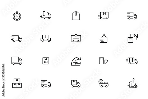 Collection of minimalist line icons depicting delivery and logistics services