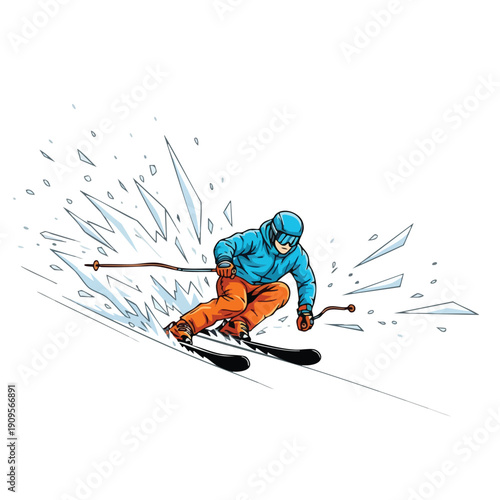 Skier Crashing Through Ice. Extreme Sports. Winter Action. Dynamic Motion. Illustration.