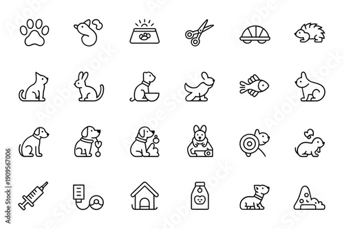 Collection of minimalist line art icons depicting various pets and animal care