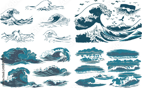 Sea waves sketch, Storm wave vector, Vintage tide and ocean beach storms hand-drawn vector illustration set