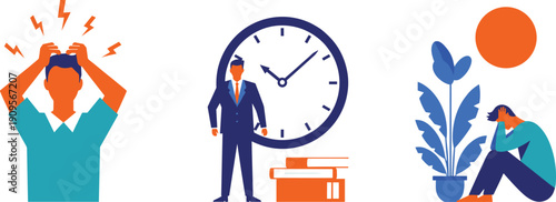 Work stress burnout illustration, time pressure deadline anxiety, business depression concept, mental health awareness, productivity pressure, flat vector design, style